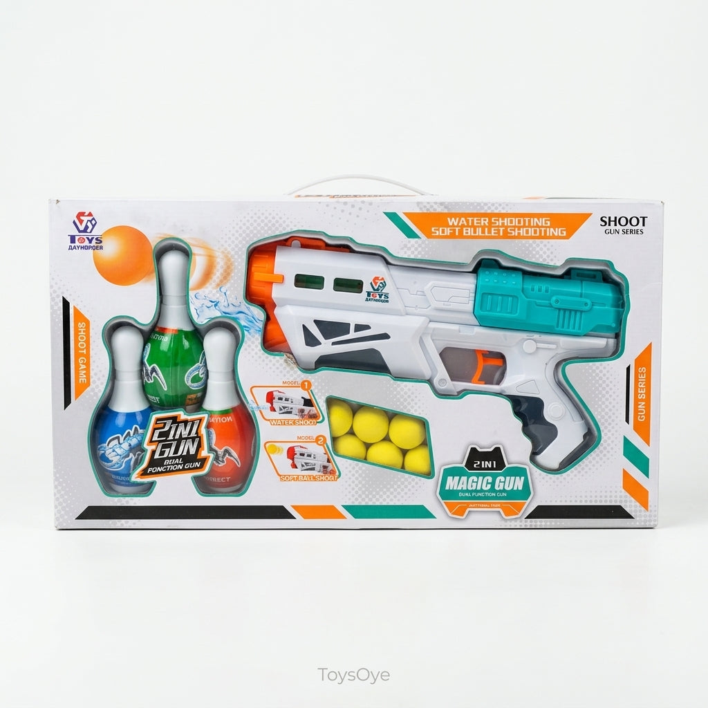 2-in-1 Magic Water & Soft Bullet Blaster Gun with Bowling Target Set