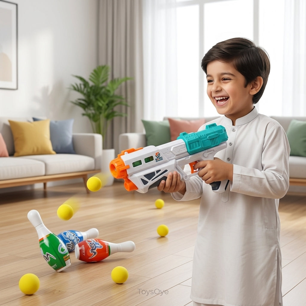 2-in-1 Magic Water & Soft Bullet Blaster Gun with Bowling Target Set