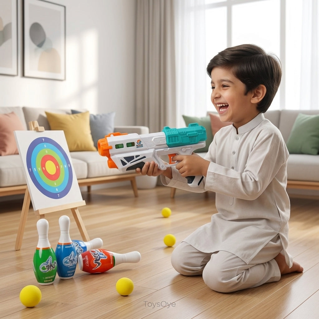 2-in-1 Magic Water & Soft Bullet Blaster Gun with Bowling Target Set
