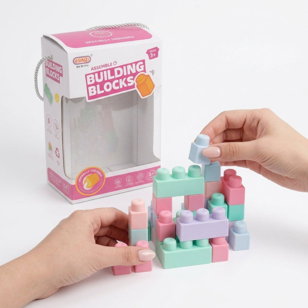 Beinzi Pastel Silicone Building Blocks Set for Kids (28 Pieces) — Educational DIY Assembly Toy