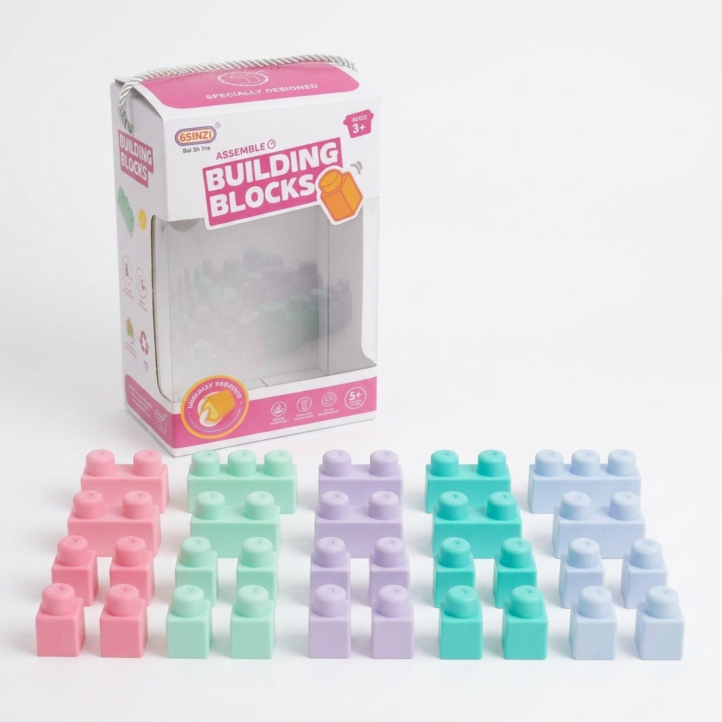Beinzi Pastel Silicone Building Blocks Set for Kids (28 Pieces) — Educational DIY Assembly Toy