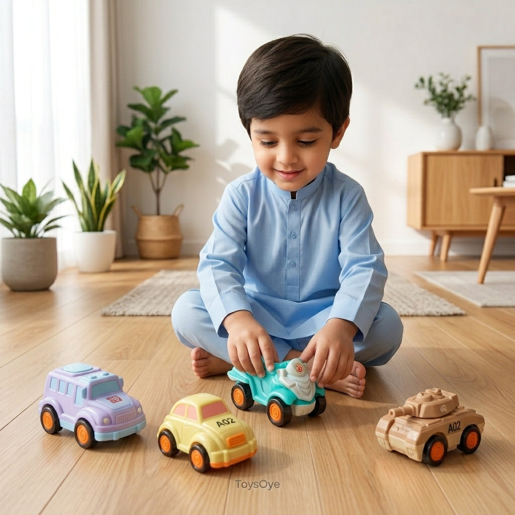 Mini Team 4-Pack Friction-Powered Toy Vehicles Set | Cute & Colorful Push-and-Go Cars for Kids