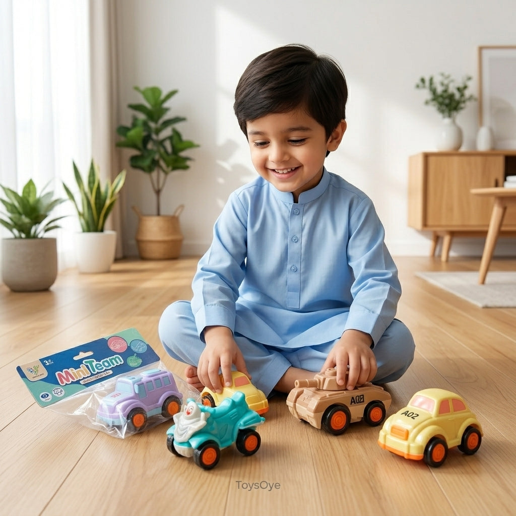 Mini Team 4-Pack Friction-Powered Toy Vehicles Set | Cute & Colorful Push-and-Go Cars for Kids