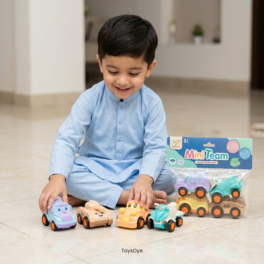 Mini Team 4-Pack Friction-Powered Toy Vehicles Set | Cute & Colorful Push-and-Go Cars for Kids