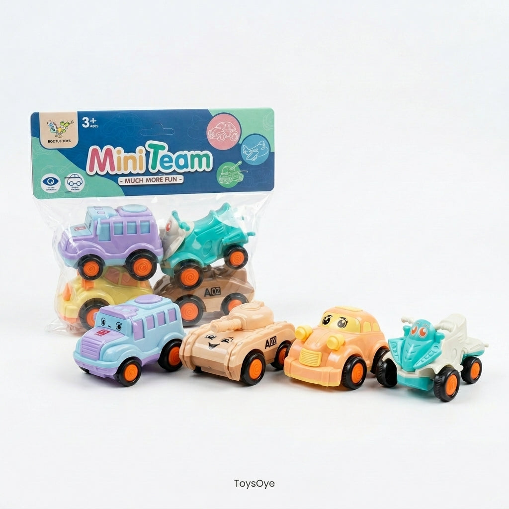 Mini Team 4-Pack Friction-Powered Toy Vehicles Set | Cute & Colorful Push-and-Go Cars for Kids