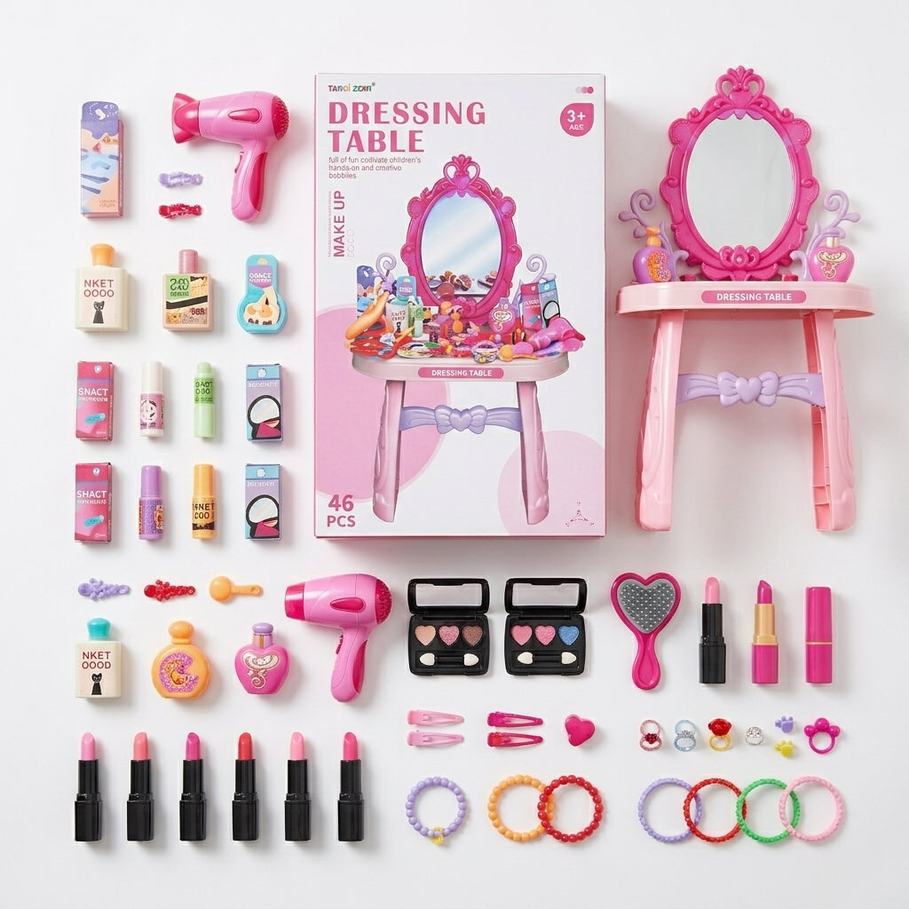 Kids Dressing Table Vanity Set – 46-Piece Pretend Play Makeup Set with Mirror & Accessories