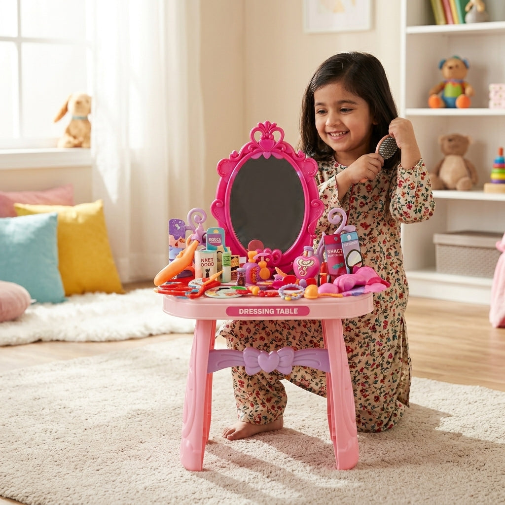 Kids Dressing Table Vanity Set – 46-Piece Pretend Play Makeup Set with Mirror & Accessories