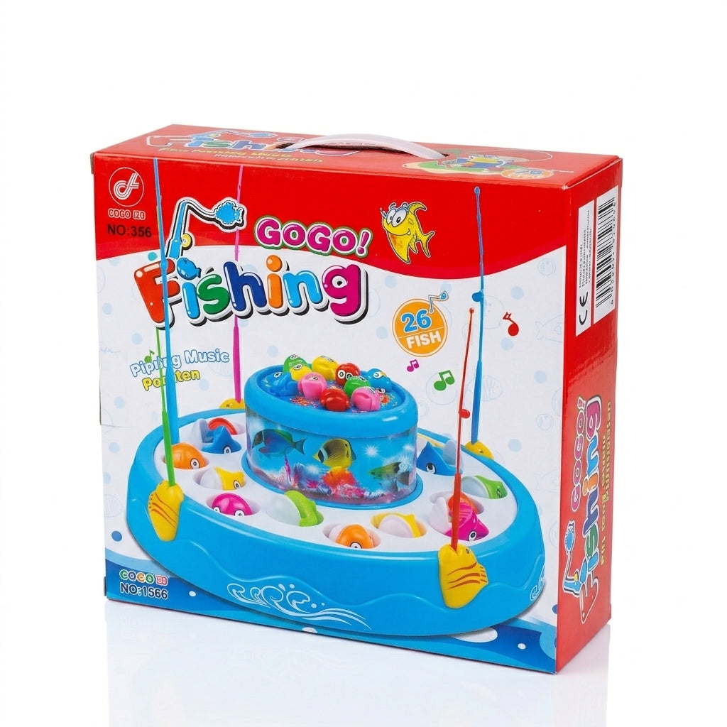 GoGo Fishing Game for Kids – 2-Layer Rotary Fishing Pond with 26 Fish, 4 Fishing Rods & LED Lights