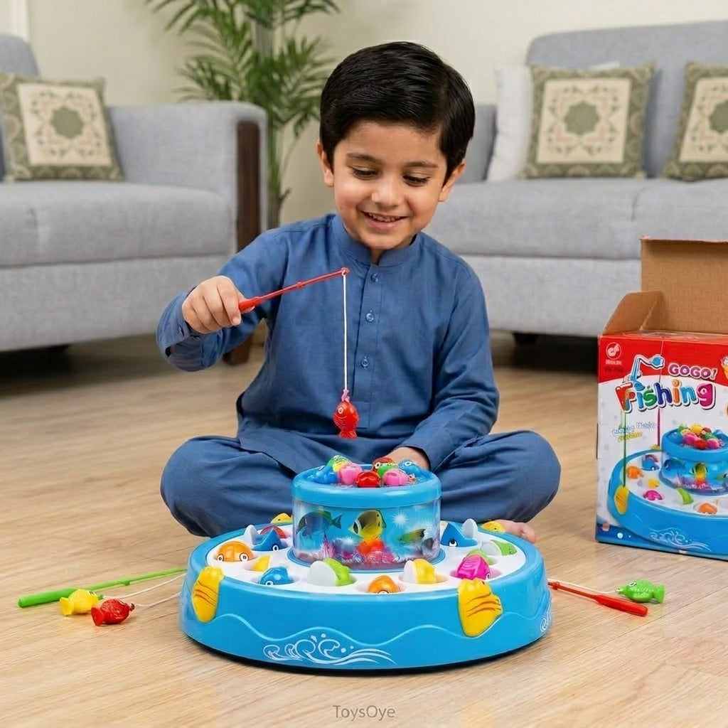 GoGo Fishing Game for Kids – 2-Layer Rotary Fishing Pond with 26 Fish, 4 Fishing Rods & LED Lights