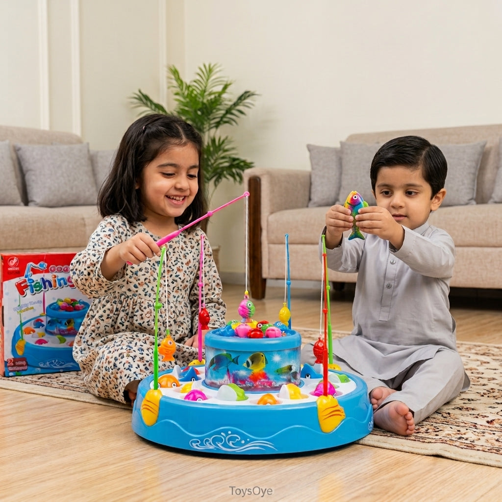 GoGo Fishing Game for Kids – 2-Layer Rotary Fishing Pond with 26 Fish, 4 Fishing Rods & LED Lights