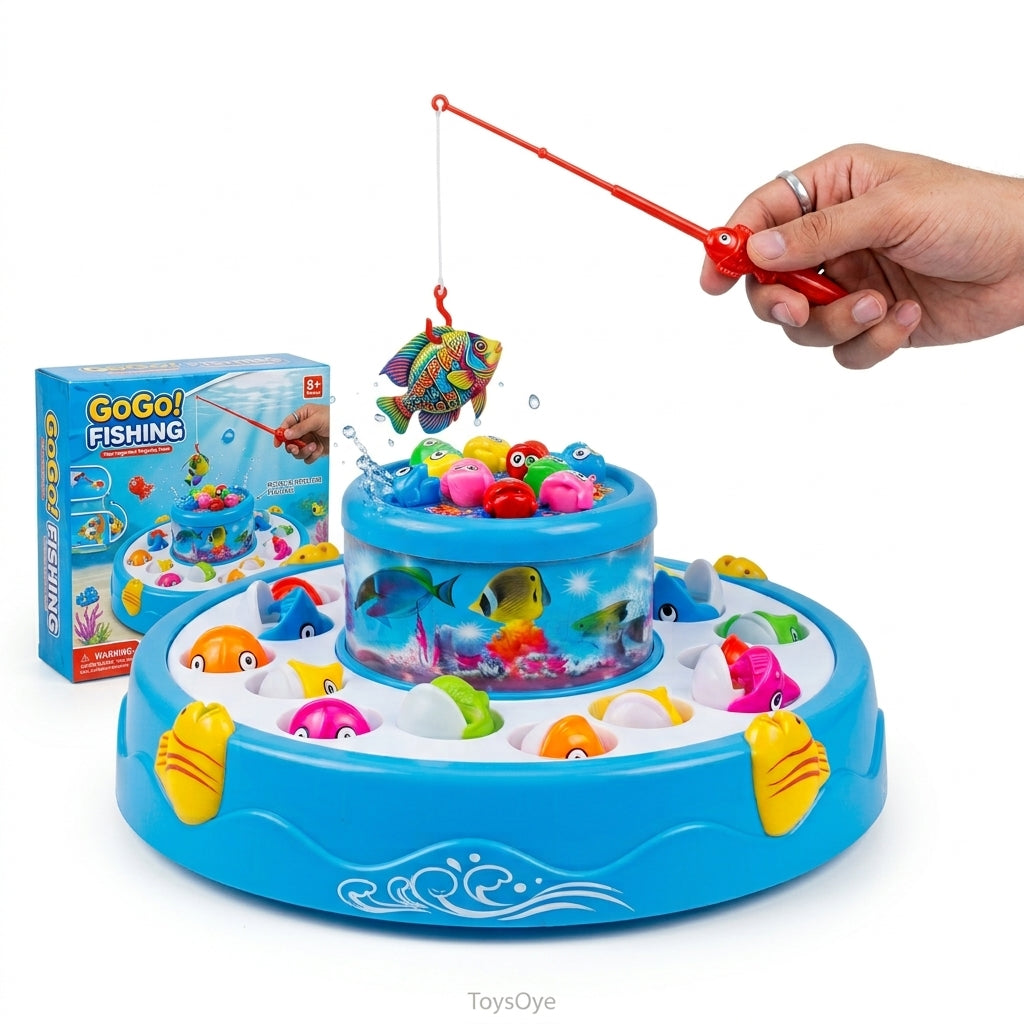 GoGo Fishing Game for Kids – 2-Layer Rotary Fishing Pond with 26 Fish, 4 Fishing Rods & LED Lights