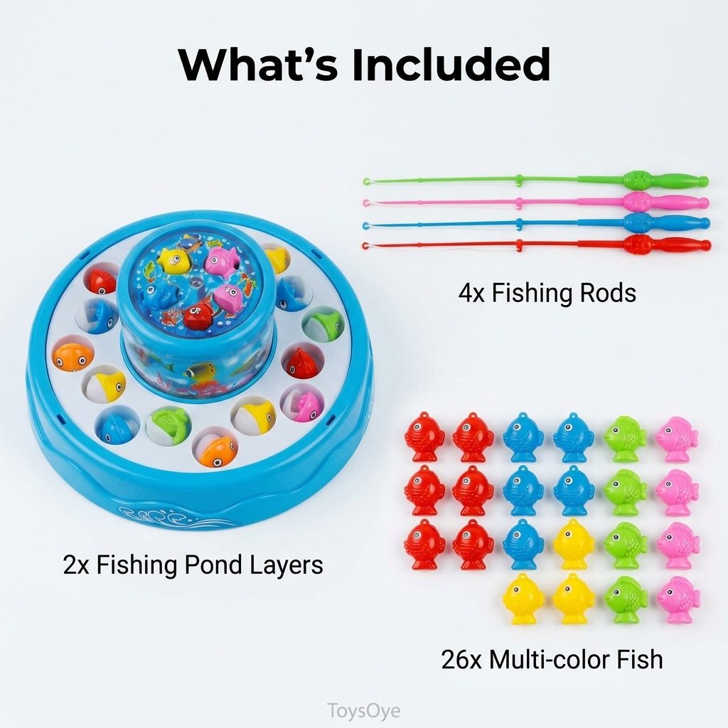GoGo Fishing Game for Kids – 2-Layer Rotary Fishing Pond with 26 Fish, 4 Fishing Rods & LED Lights