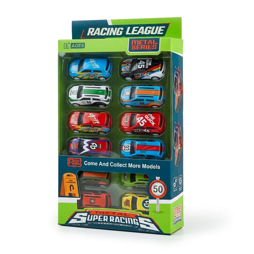 Racing League 12-Car Metal Vehicle Set – Premium Mini Racing Cars Carrying Case Toys for Kids