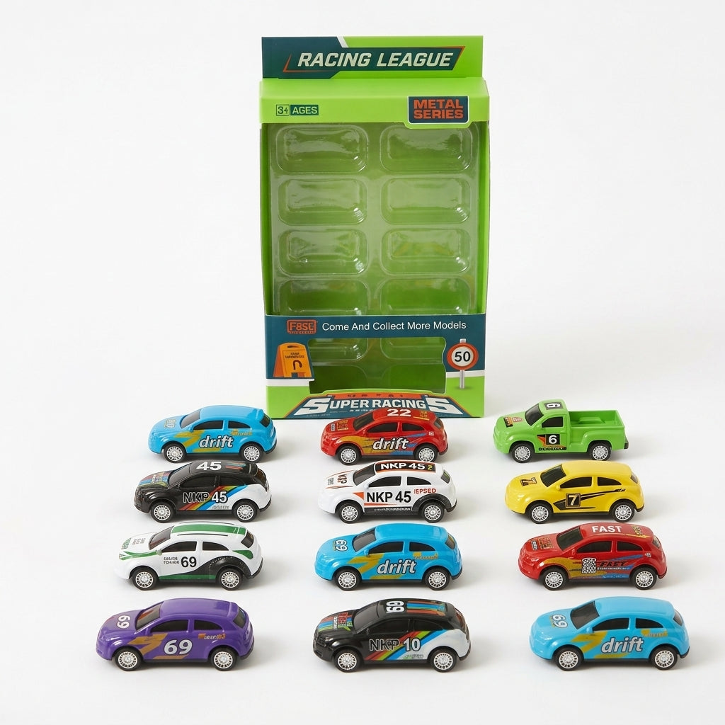 Racing League 12-Car Metal Vehicle Set – Premium Mini Racing Cars Carrying Case Toys for Kids